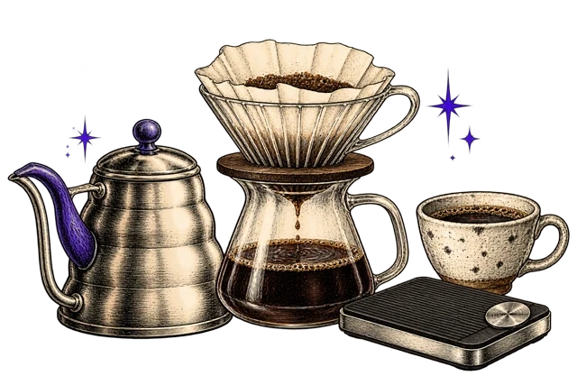 Illustration of a pour-over kettle, dripper and coffee cup