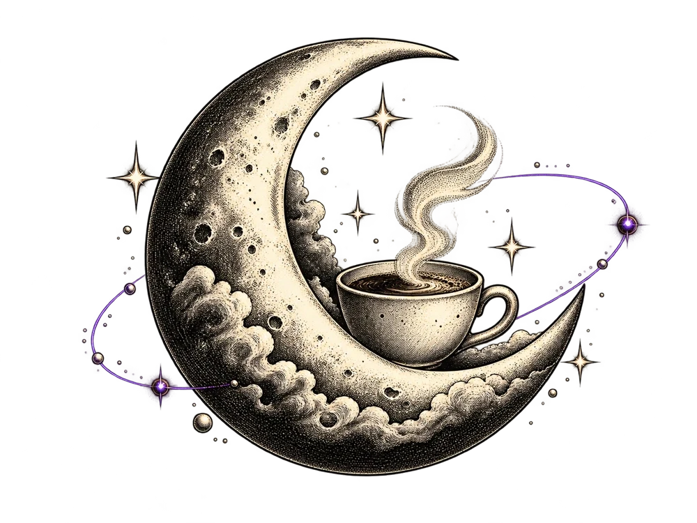 Illustration of a crescent moon cradling a coffee cup