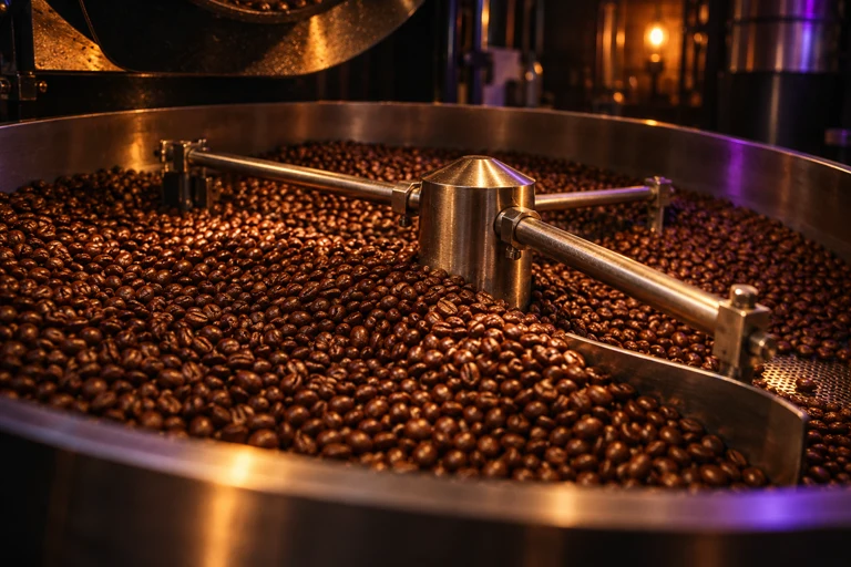 Illustration of roasted coffee beans in a steel cooling tray