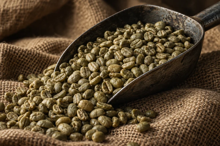 Illustration of unroasted green coffee beans in a scoop on burlap